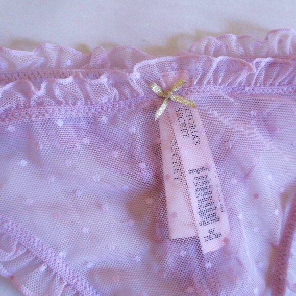 VICTORIA'S SECRET Ruffle Thong Panty M L XL Polka Dot Lavender Mesh Gold Bow - Picture 6 of 8